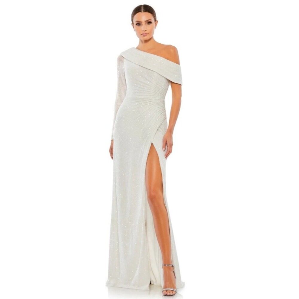 Mac Duggal Gown Dress Size 14 White Sequin Drop‎ Shoulder Faux Wrap 26571 $398